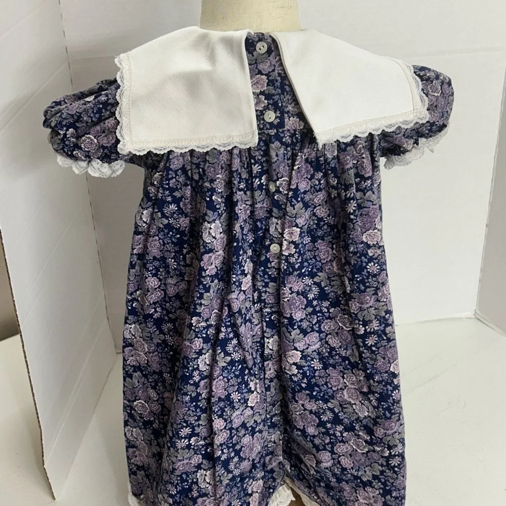 Vintage Navy Floral Dress with Lace Collar